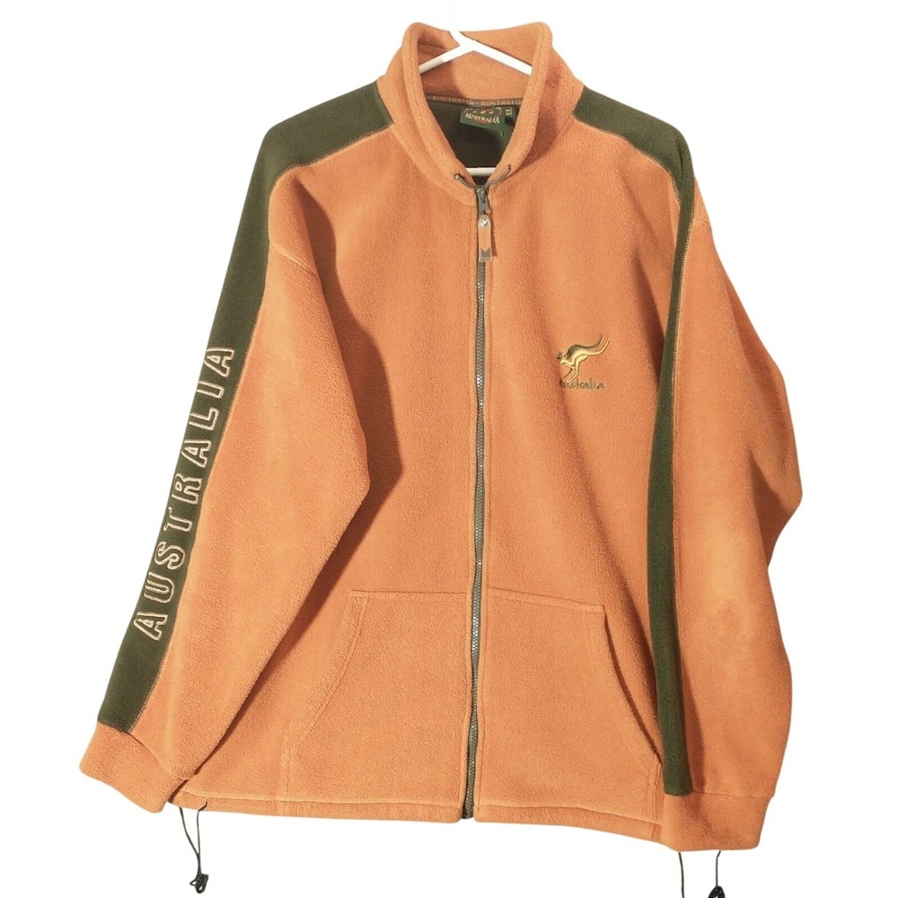 Outback Australia Fleece Jacket Mens XL Orange Olive Full Zip Kangaroo Logo XL